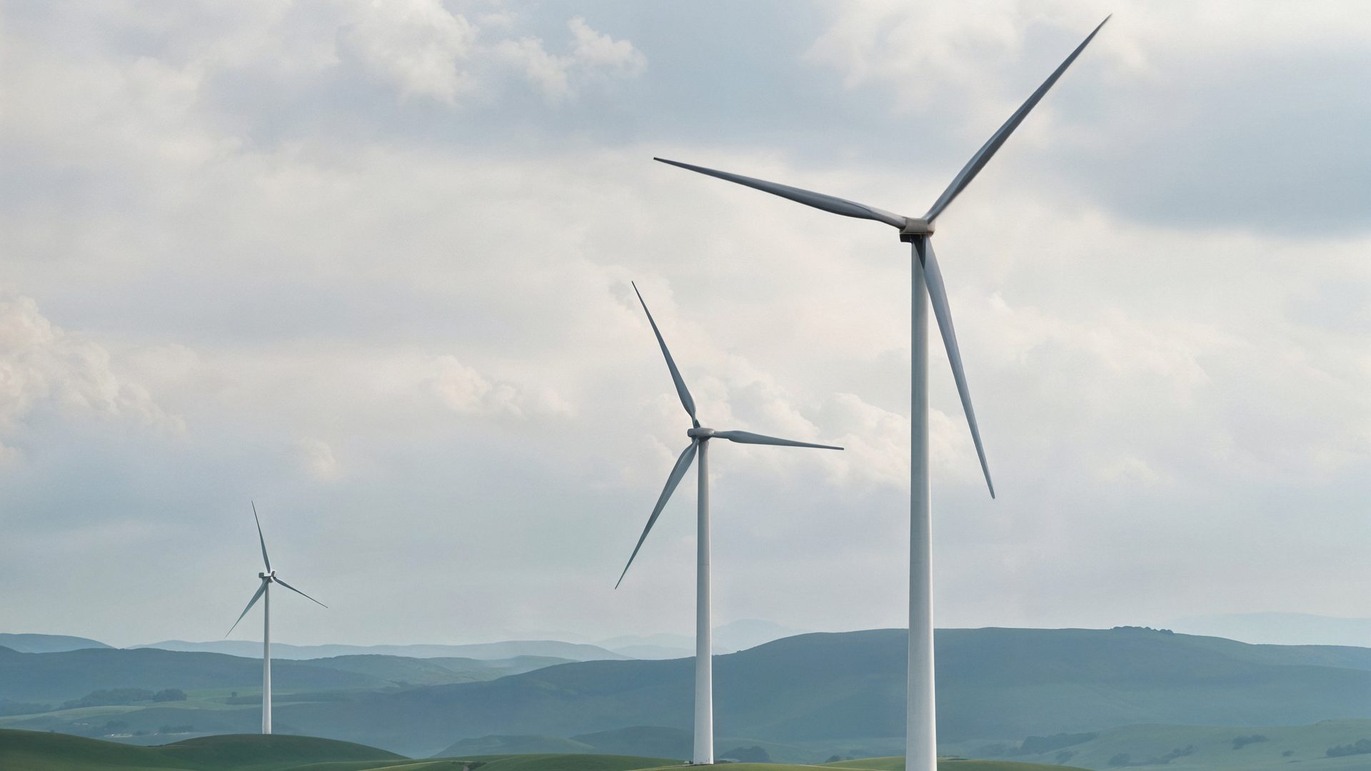 Wind turbines over green hills